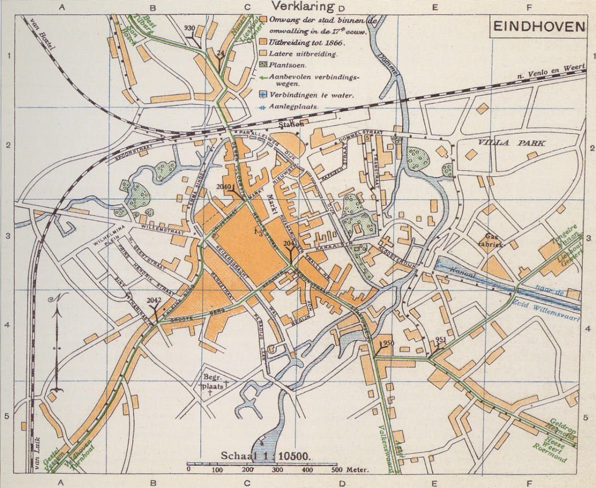Historische plattegrond van Eindhoven uit 1920 met de locatie van Tapperij de Bierelier